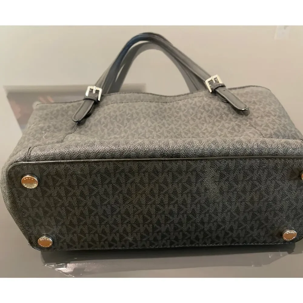 Michael Kors Jet Set MK Logo Black Leather Tote Bag Purse